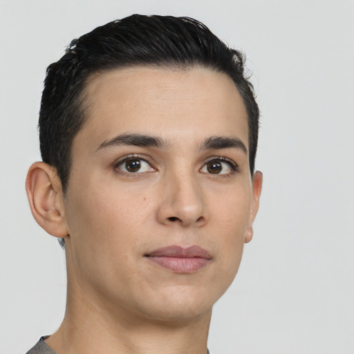 Neutral latino young-adult male with short  black hair and brown eyes