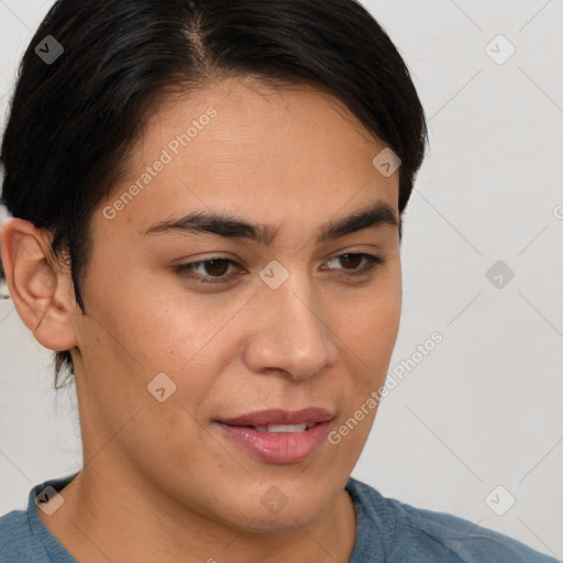 Joyful white young-adult female with medium  brown hair and brown eyes