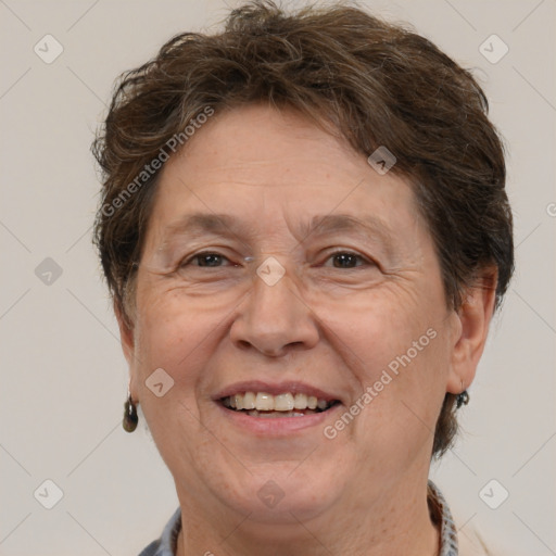 Joyful white middle-aged female with medium  brown hair and brown eyes