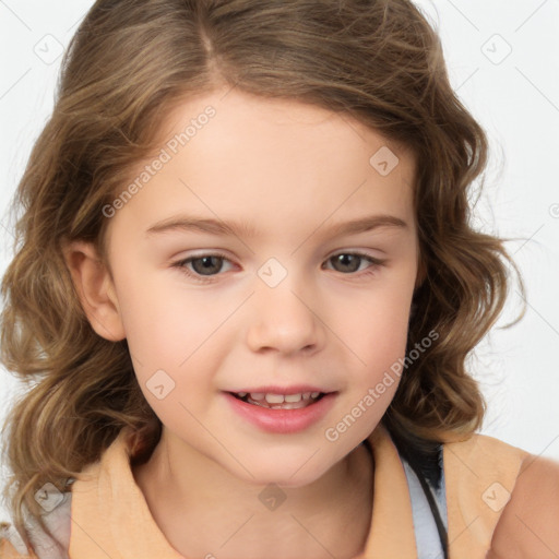 Joyful white child female with medium  brown hair and brown eyes