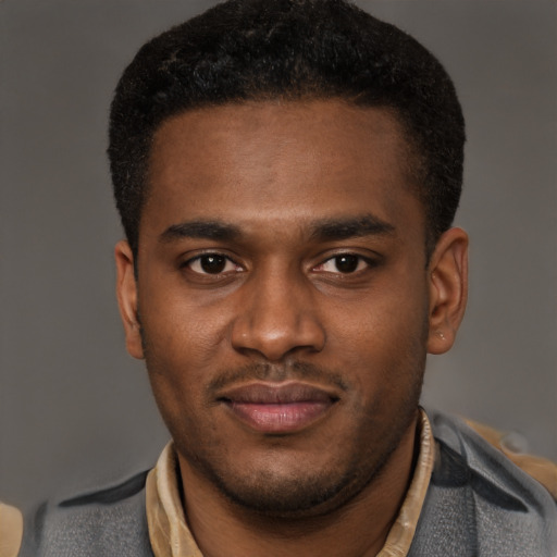Joyful latino young-adult male with short  brown hair and brown eyes
