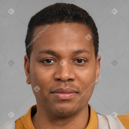 Neutral latino young-adult male with short  brown hair and brown eyes
