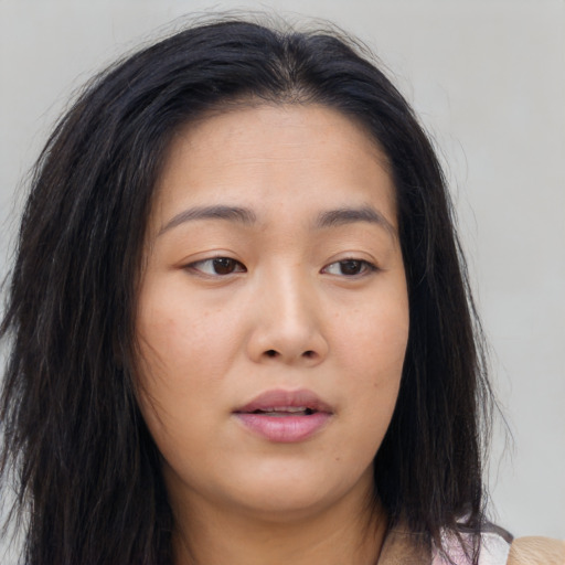Neutral asian young-adult female with long  brown hair and brown eyes