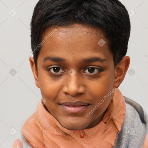 Joyful black young-adult male with short  brown hair and brown eyes