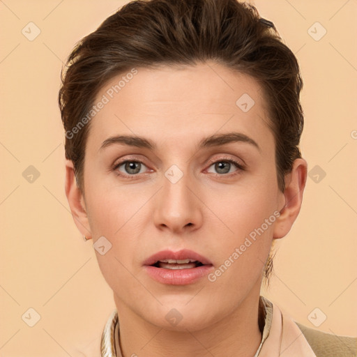 Neutral white young-adult female with short  brown hair and brown eyes