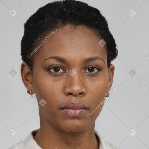 Neutral black young-adult female with short  brown hair and brown eyes