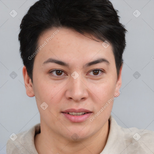 Joyful asian young-adult female with short  brown hair and brown eyes