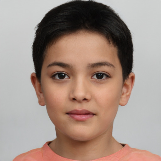 Joyful white child female with short  brown hair and brown eyes