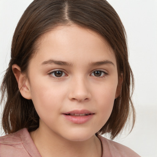 Joyful white child female with medium  brown hair and brown eyes