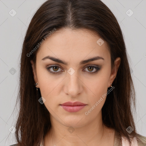 Neutral white young-adult female with long  brown hair and brown eyes