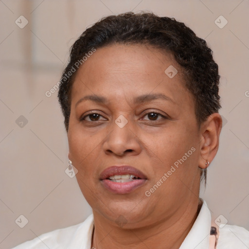 Joyful latino adult female with short  brown hair and brown eyes