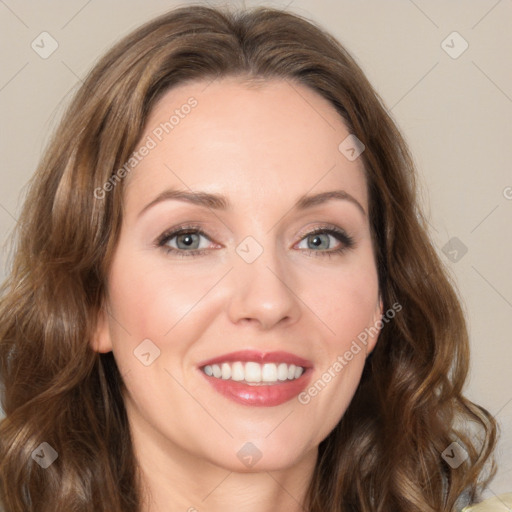 Joyful white young-adult female with long  brown hair and green eyes