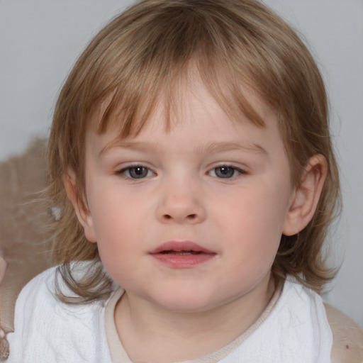 Neutral white child female with medium  brown hair and grey eyes