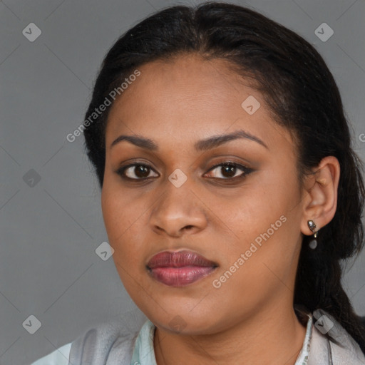 Joyful black young-adult female with medium  brown hair and brown eyes