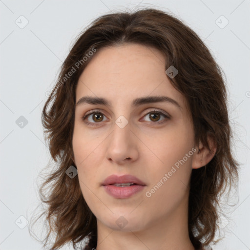 Neutral white young-adult female with medium  brown hair and brown eyes