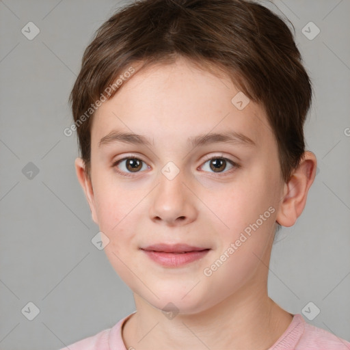 Joyful white child female with short  brown hair and brown eyes