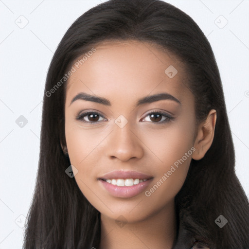 Joyful white young-adult female with long  black hair and brown eyes