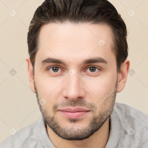 Neutral white young-adult male with short  brown hair and brown eyes