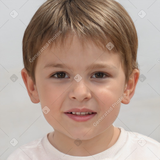 Joyful white child male with short  brown hair and brown eyes