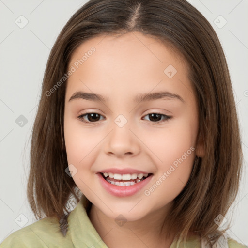 Joyful white child female with medium  brown hair and brown eyes