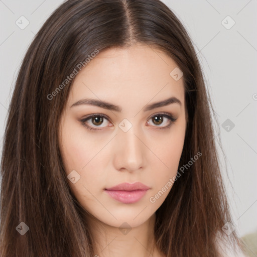 Neutral white young-adult female with long  brown hair and brown eyes