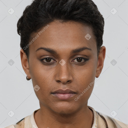 Neutral latino young-adult female with short  brown hair and brown eyes