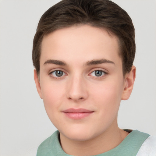 Neutral white young-adult female with short  brown hair and brown eyes