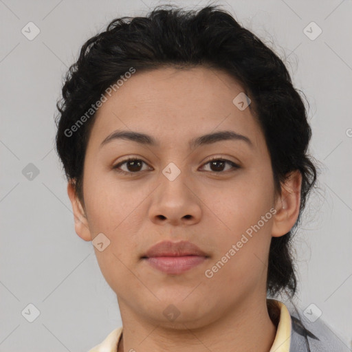 Neutral asian young-adult female with short  brown hair and brown eyes