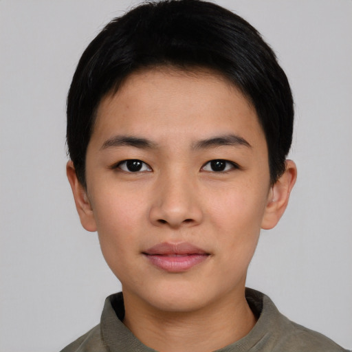 Neutral asian young-adult male with short  black hair and brown eyes