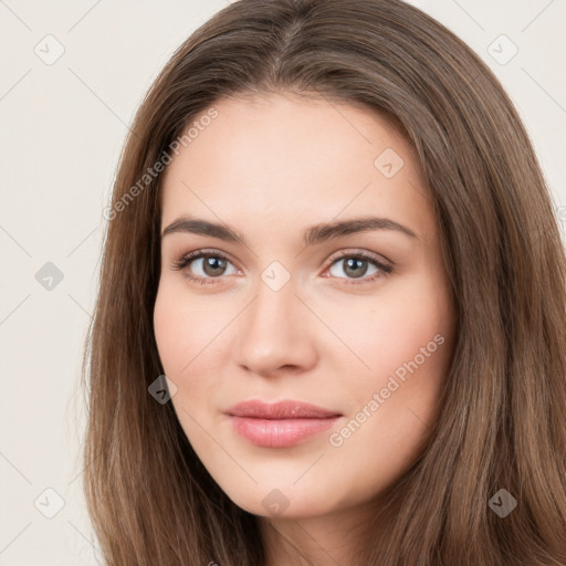 Neutral white young-adult female with long  brown hair and brown eyes