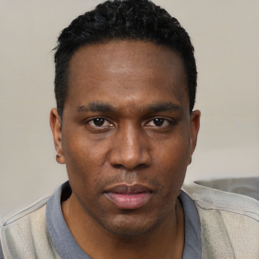 Neutral black young-adult male with short  black hair and brown eyes