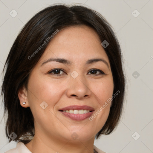 Joyful white adult female with medium  brown hair and brown eyes