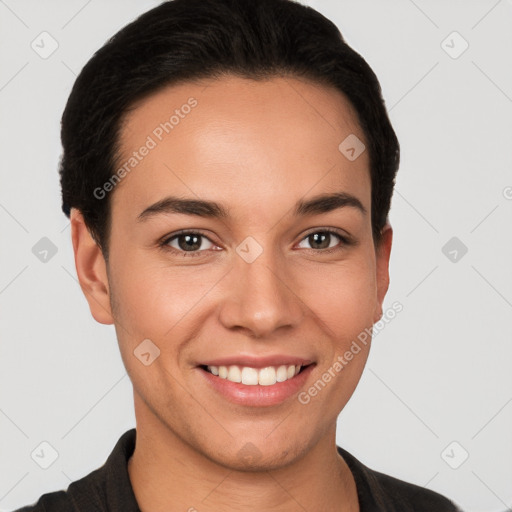 Joyful white young-adult female with short  brown hair and brown eyes