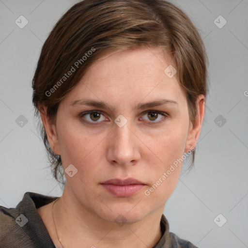 Neutral white young-adult female with medium  brown hair and grey eyes