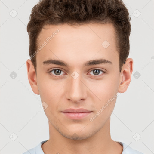 Neutral white young-adult male with short  brown hair and brown eyes