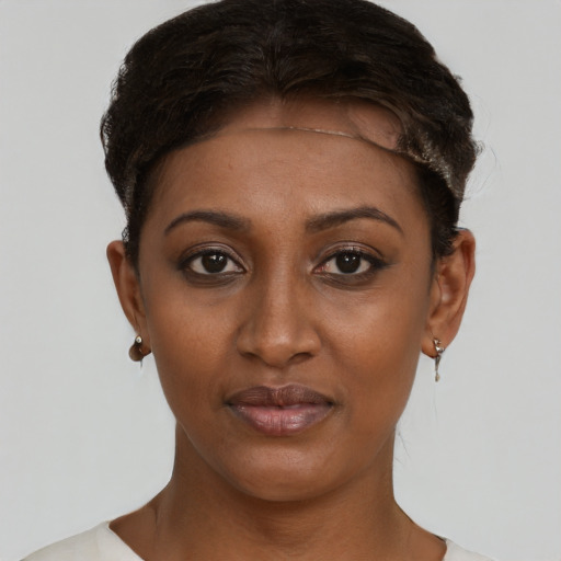 Joyful black young-adult female with short  brown hair and brown eyes