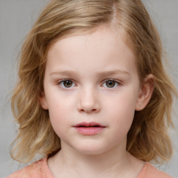 Neutral white child female with medium  brown hair and blue eyes