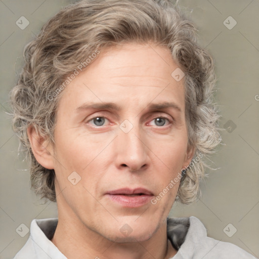 Neutral white adult male with medium  brown hair and grey eyes