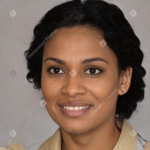 Joyful black young-adult female with medium  black hair and brown eyes