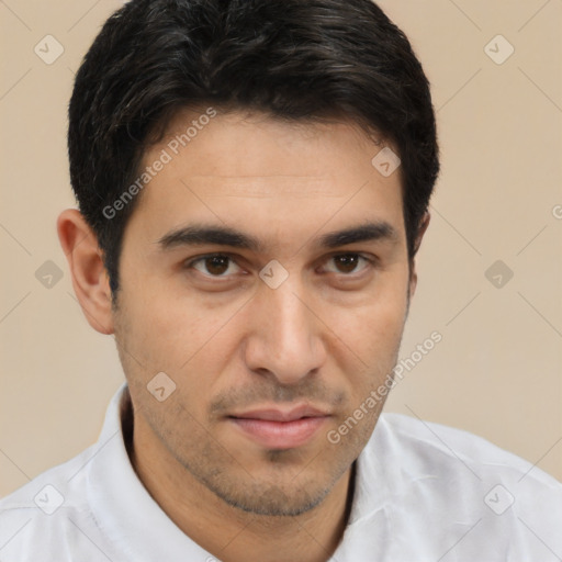 Neutral white young-adult male with short  brown hair and brown eyes