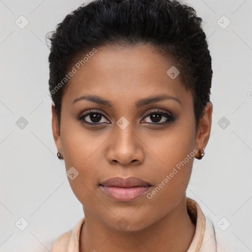 Neutral black young-adult female with short  brown hair and brown eyes