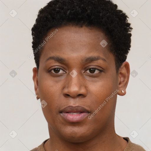 Neutral black young-adult female with short  brown hair and brown eyes