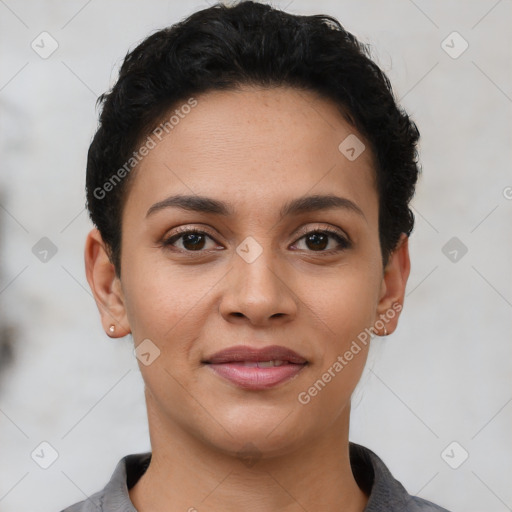 Joyful latino young-adult female with short  brown hair and brown eyes