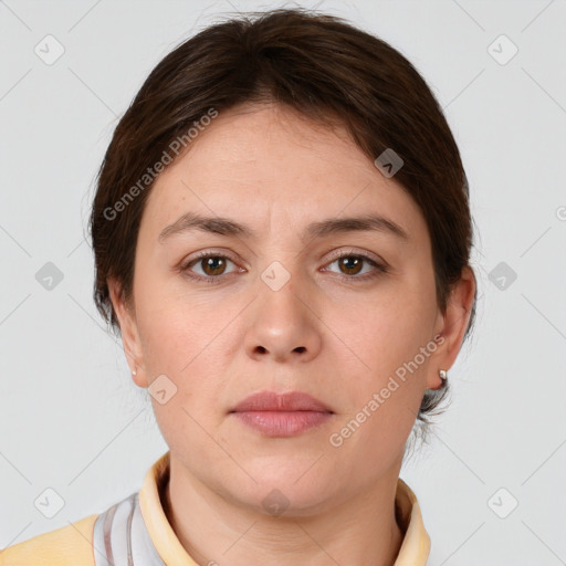 Neutral white young-adult female with medium  brown hair and brown eyes