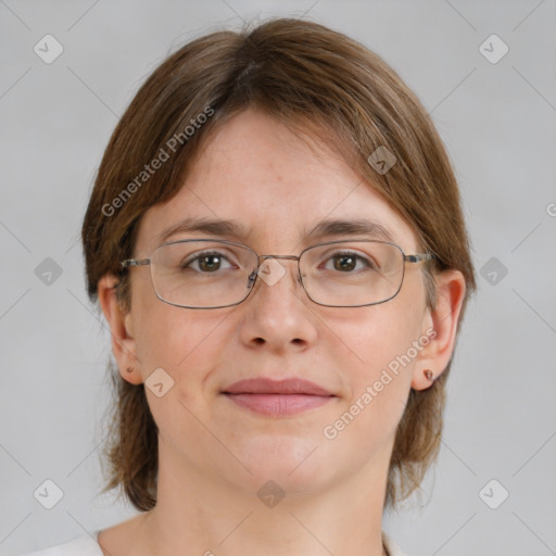 Joyful white adult female with medium  brown hair and grey eyes