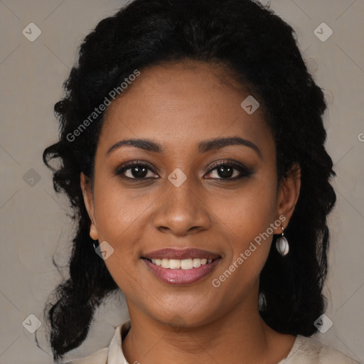 Joyful black young-adult female with medium  black hair and brown eyes