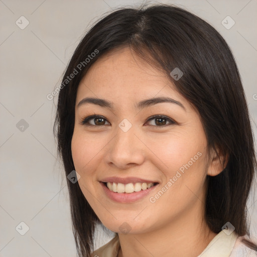 Joyful white young-adult female with medium  brown hair and brown eyes