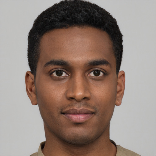 Neutral black young-adult male with short  black hair and brown eyes