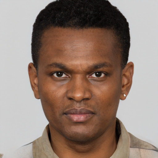 Neutral black young-adult male with short  black hair and brown eyes