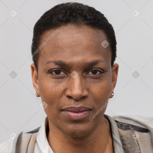 Neutral latino adult female with short  black hair and brown eyes